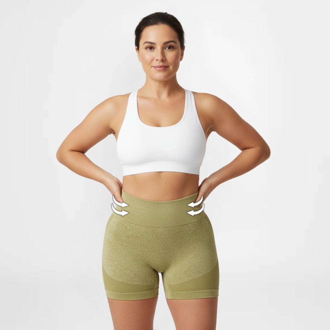 Woman wearing a white sports bra and green leggings on a light gray background