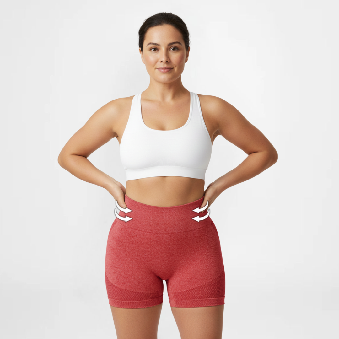 Woman wearing a white sports bra and red high-waisted shorts on a light gray background